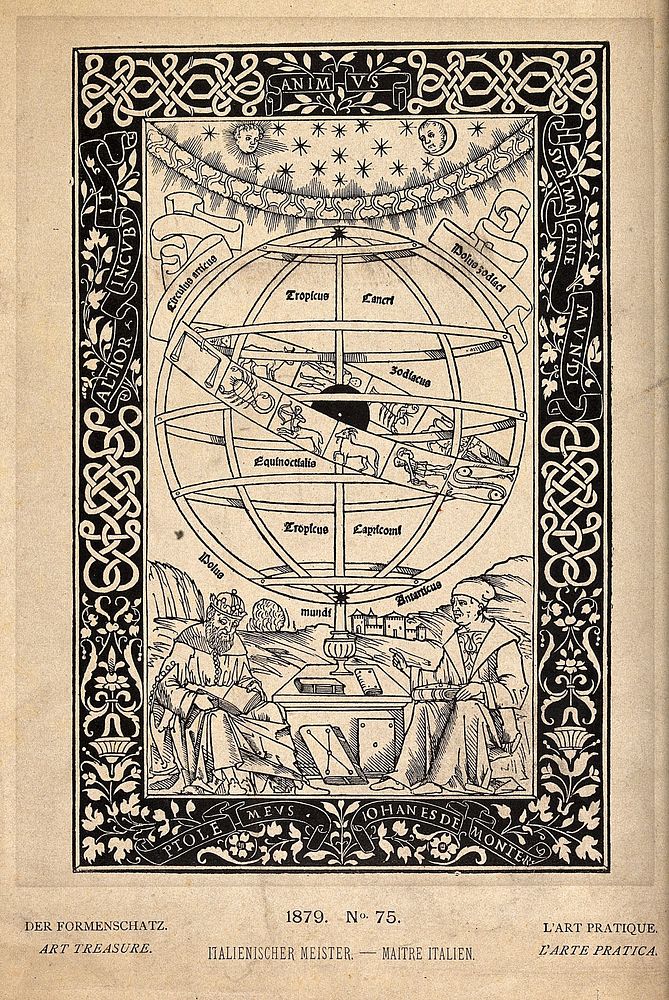 Astronomy: Ptolemy and Johannes Regiomontanus, seated with an armillary sphere and the heavens above them. Process print…