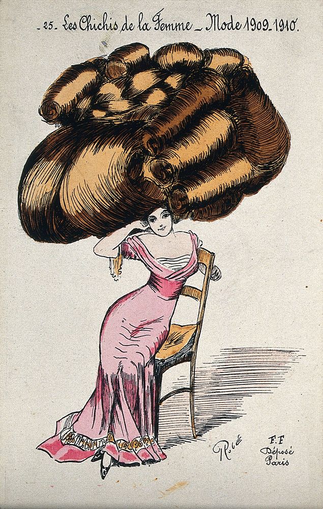 A seated woman with her hair dressed in an enormously high chignon. Coloured line block by Robé, ca. 1909.