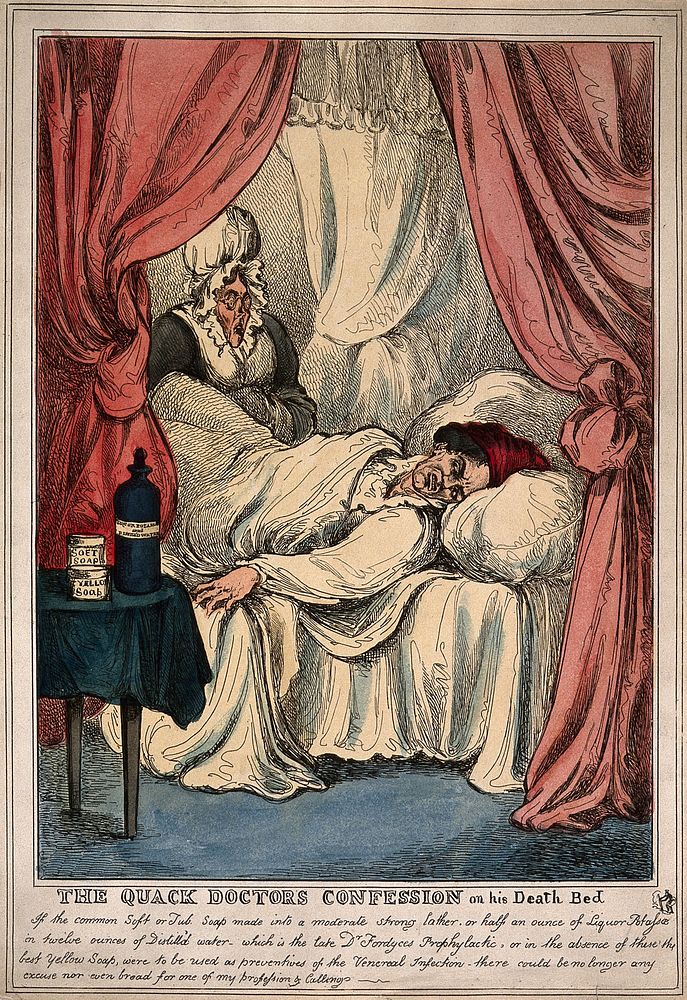 A dying unscrupulous medical practitioner confesses the errors of his ways to a nurse. Coloured etching by W. Heath.