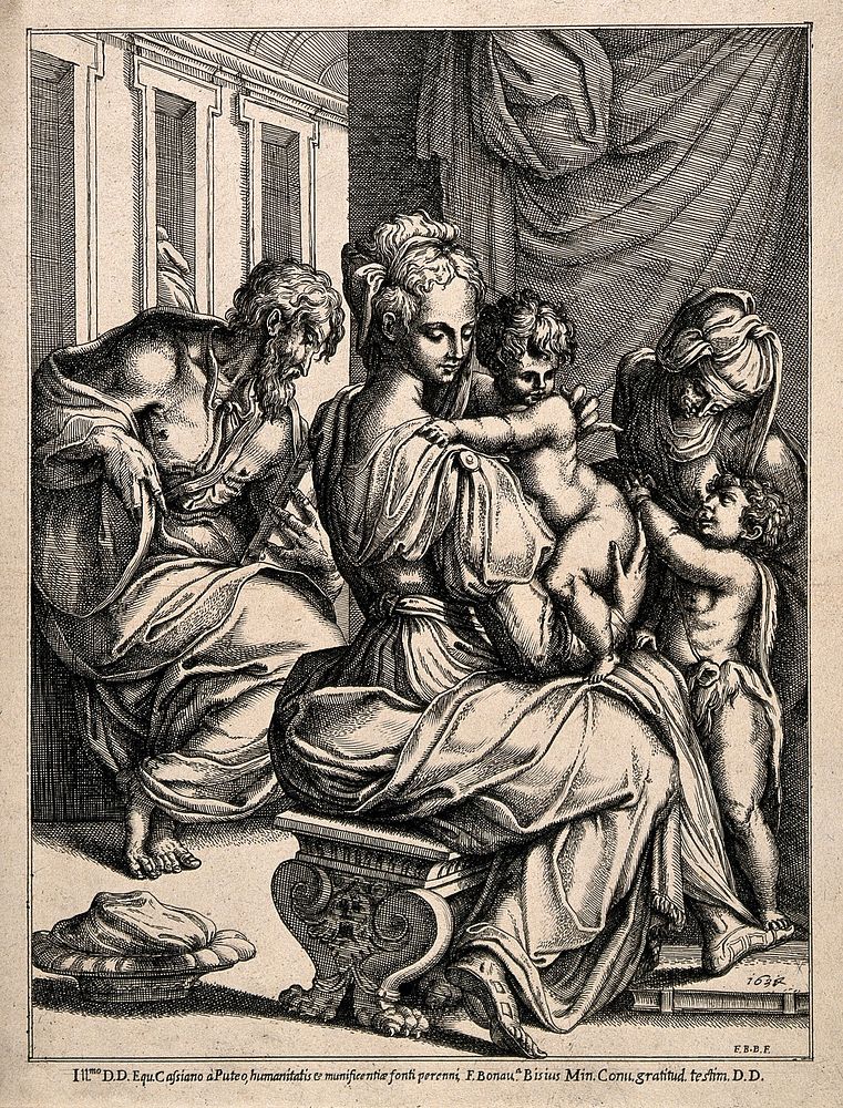 The Virgin Mary nursing the infant Jesus with Elizabeth and John the Baptist, Joseph is reading in the background. Engraving…