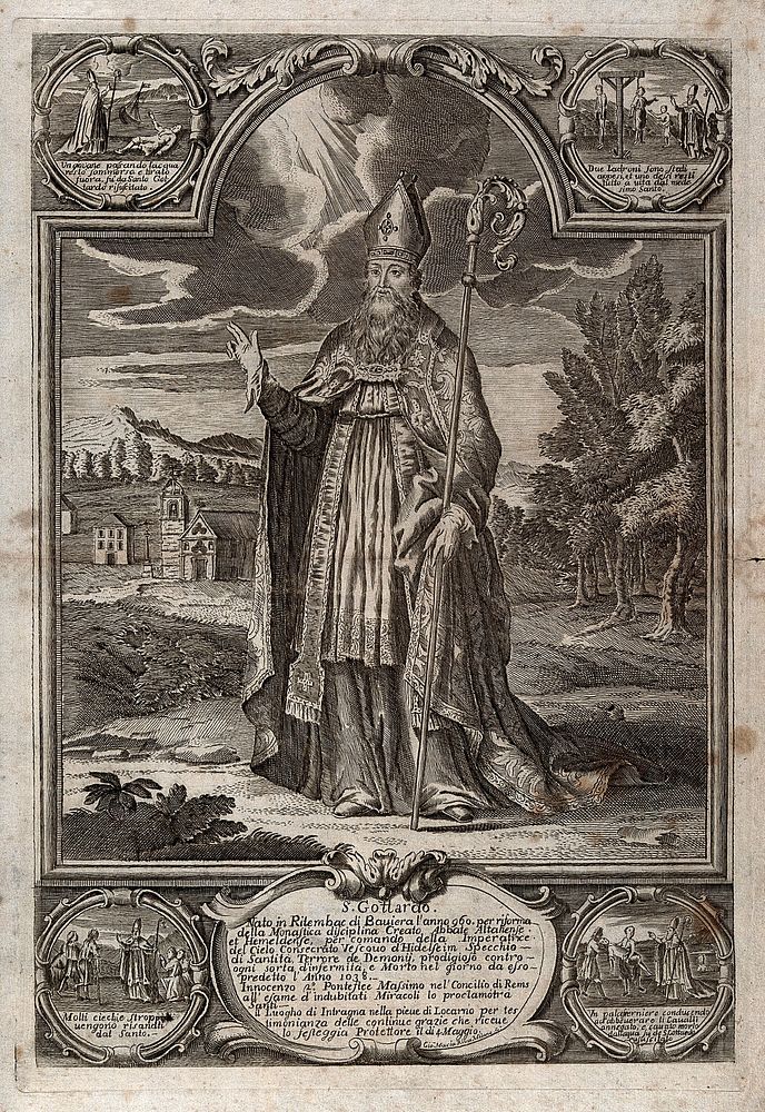 Saint Gothard wearing episcopal dress as bishop of Hildesheim; church in the background, with roundels showing miracles…