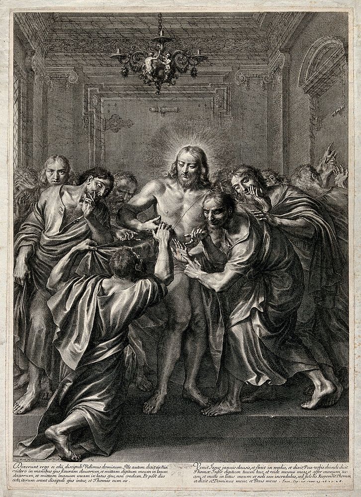 Christ appearing to the apostle Thomas, who touches his stigmata. Engraving by G. Huret, 1664, after himself.