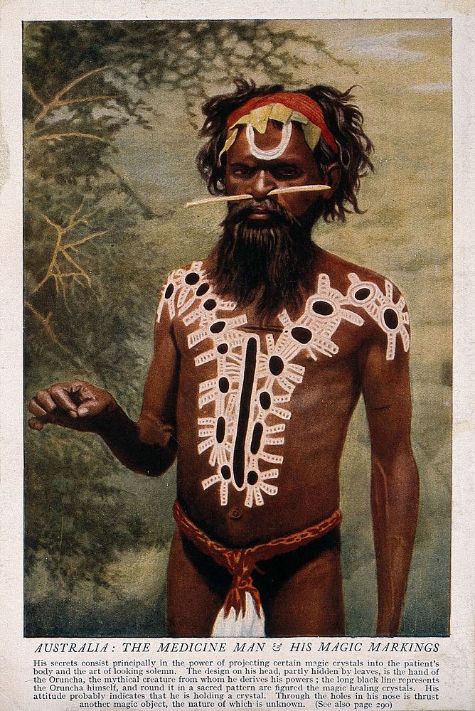 A shaman or medicine man with extensive body painting and nose stick, Australia. Colour process print.