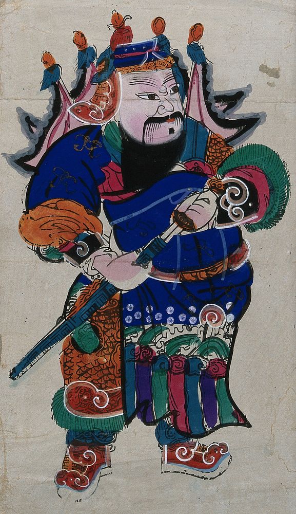 A Chinese warrior removing his sword from its scabbard. Hand tinted woodcut by a Chinese artist.