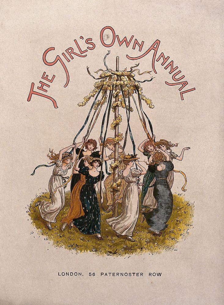 Girls in long dresses dance around a maypole. Colour wood engraving attributed to E. Evans after Kate Greenaway.