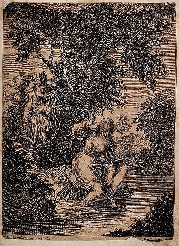 A girl by a river watched by three men. Etching after J. Vanderbank.