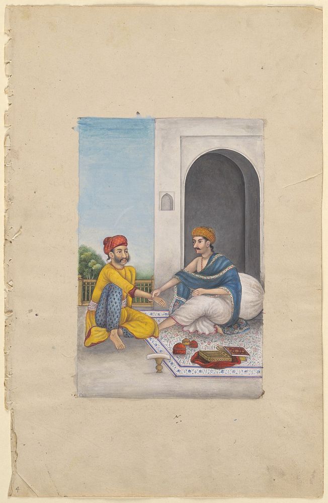 An Ayurvedic medical practitioner taking the pulse. Watercolour, ca. 1825.