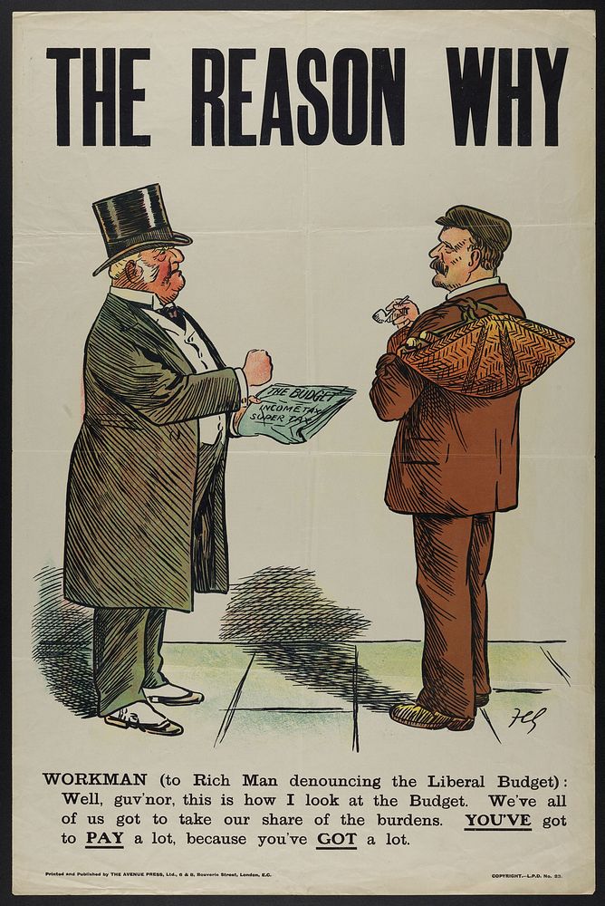 A rich man and a workman arguing about the budget introduced by the Liberal Government in the United Kingdom. Colour…