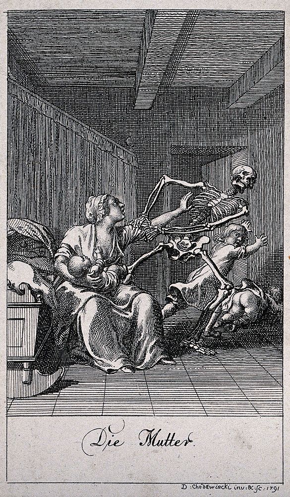 The dance of death: death and the mother. Etching by D.-N. Chodowiecki, 1791, after himself.