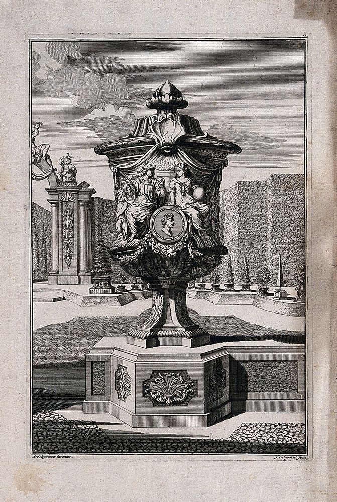 An ornate vase and pedestal with a young soldier courting a woman carved in relief on the side. Etching by J. Schynvoet, c.…