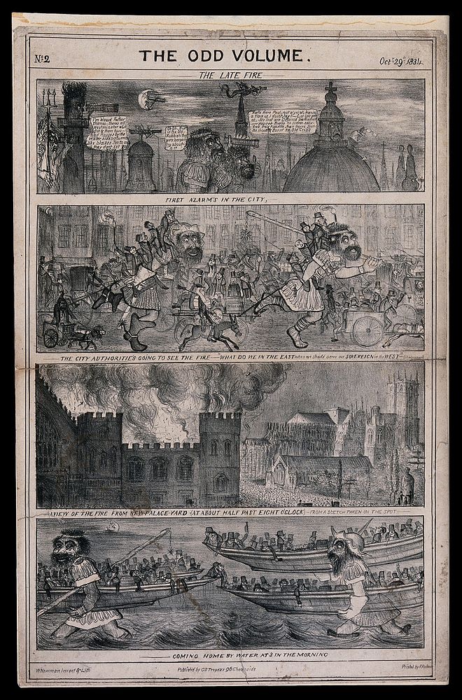 The Houses of Parliament burning and people are rushing to see the fire. Lithograph by W. Newman after himself.