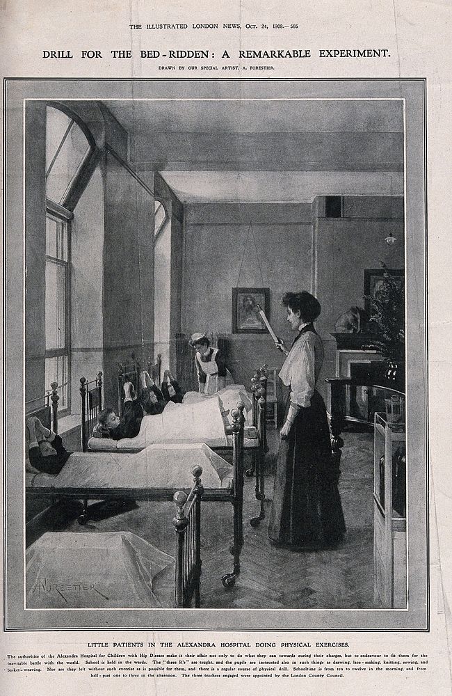Queen Alexandra's Hospital for Children with Hip Disease, Queen Square, Holborn: the interior of a ward, with a teacher…