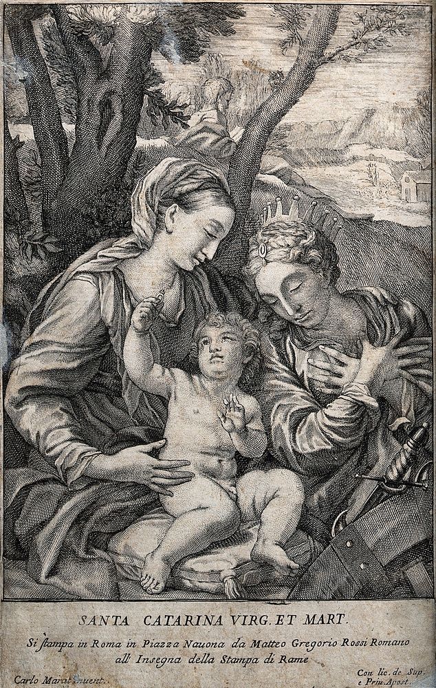 Saint Mary (the Blessed Virgin) with the Christ Child and Saint Catherine of Alexandria. Engraving after C. Maratta.