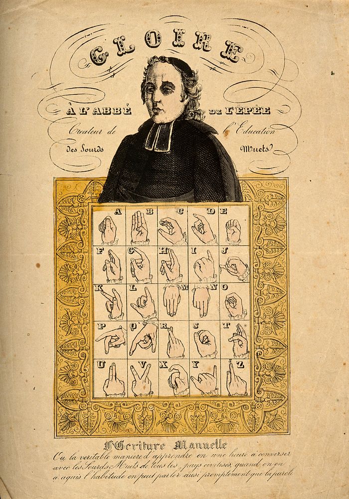 Abbot de L'Epée, the founder of deaf and dumb education in France, above the French sign language alphabet. Coloured…