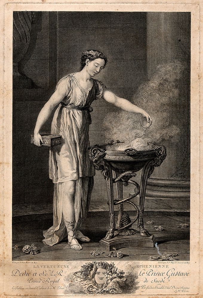 A virtuous Athenian woman pouring incense on to a flaming tripod. Engraving by J.J. Flipart after J.M. Vien.
