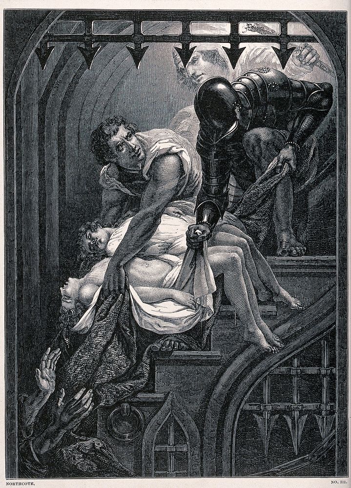 Three men, one dressed in armour are lowering two women down the steps towards a pair of hands reaching upwards. Wood…