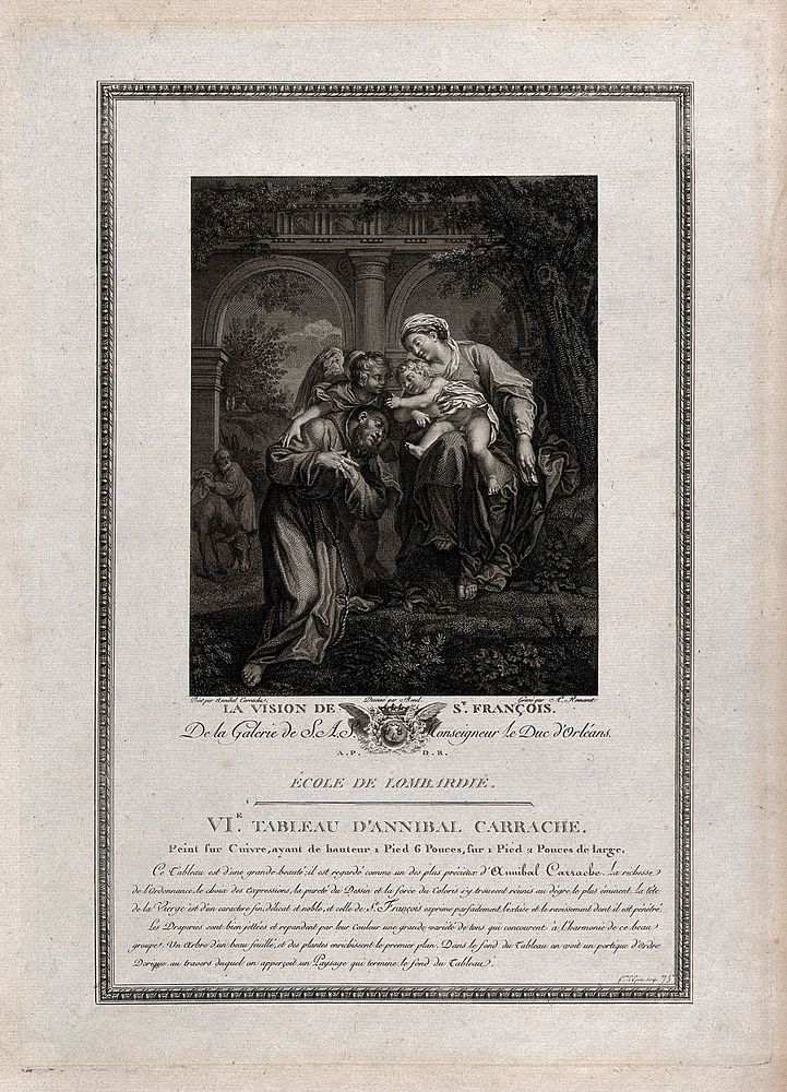 The Virgin Mary presenting Saint Francis of Assisi with the infant Christ. Etching by A.L. Romanet after A. Borel after…