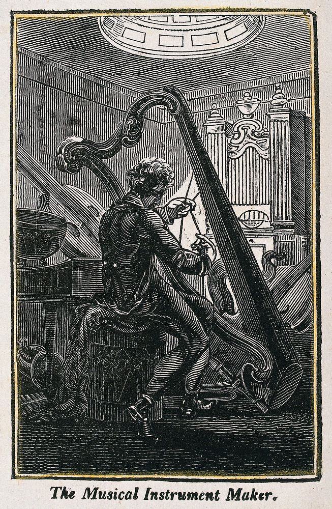 A man fitting the strings to a harp. Wood engraving.