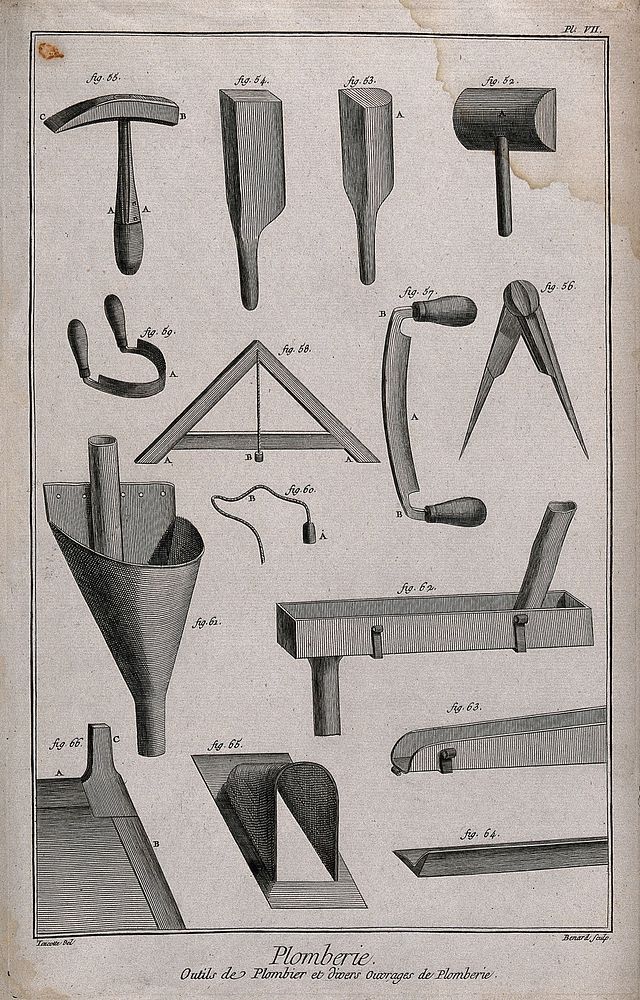 Utensils used in the processing of lead. Etching by Bénard after Lucotte.