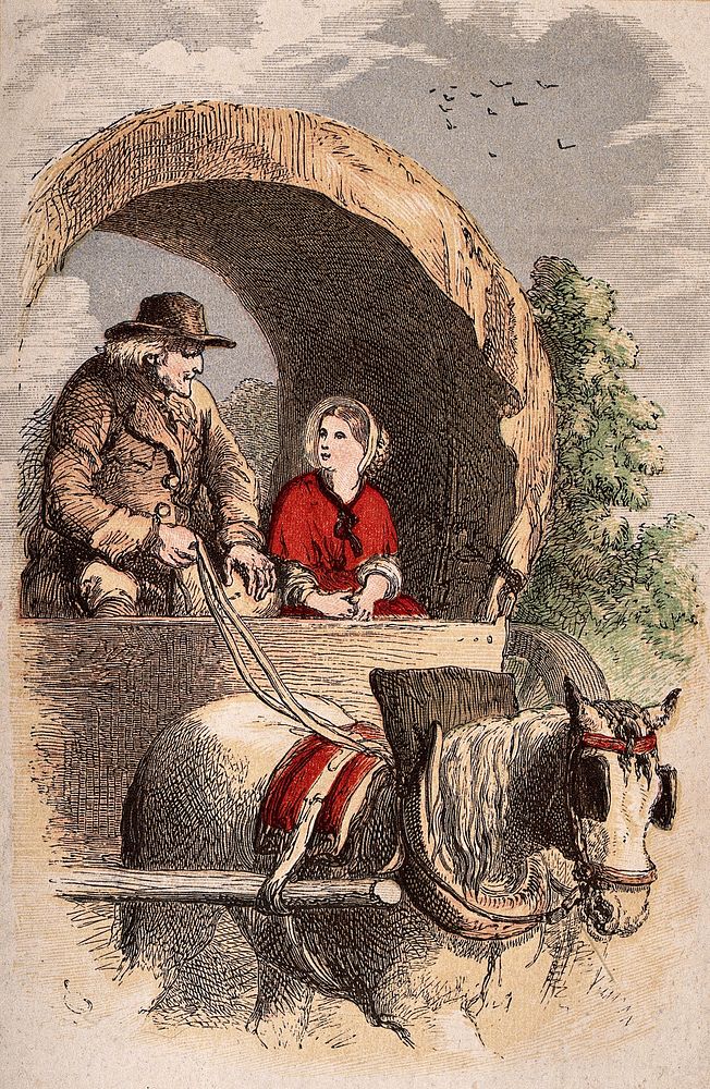 A young woman and an old man riding in a large horse-drawn wagon. Coloured line block process print.