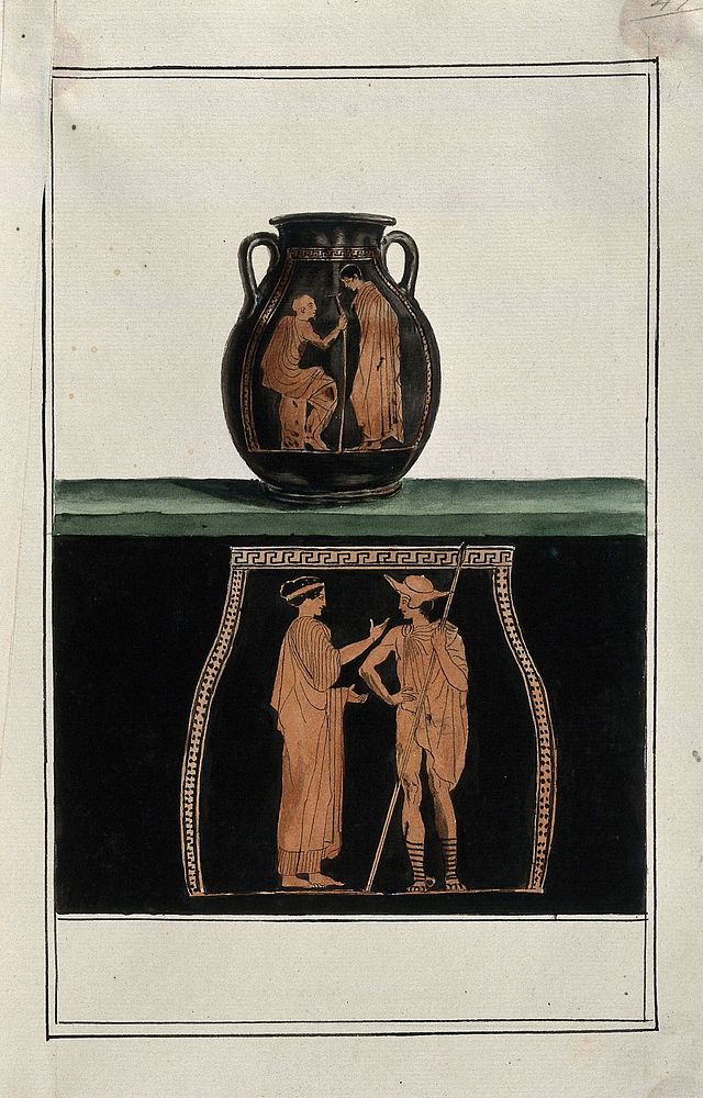 Above, red-figured Greek storage jar (pelike); below, detail of the decoration showing a woman conversing with a young man…