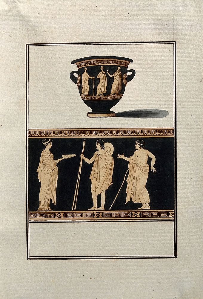 Above, red-figured Greek wine-mixing bowl (bell-krater); below, detail of the decoration showing a woman holding a plate and…