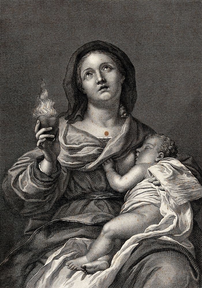 The suckling Virgin holding the Sacred Heart. Engraving by Antonio Morghen after Carlo Dolci.