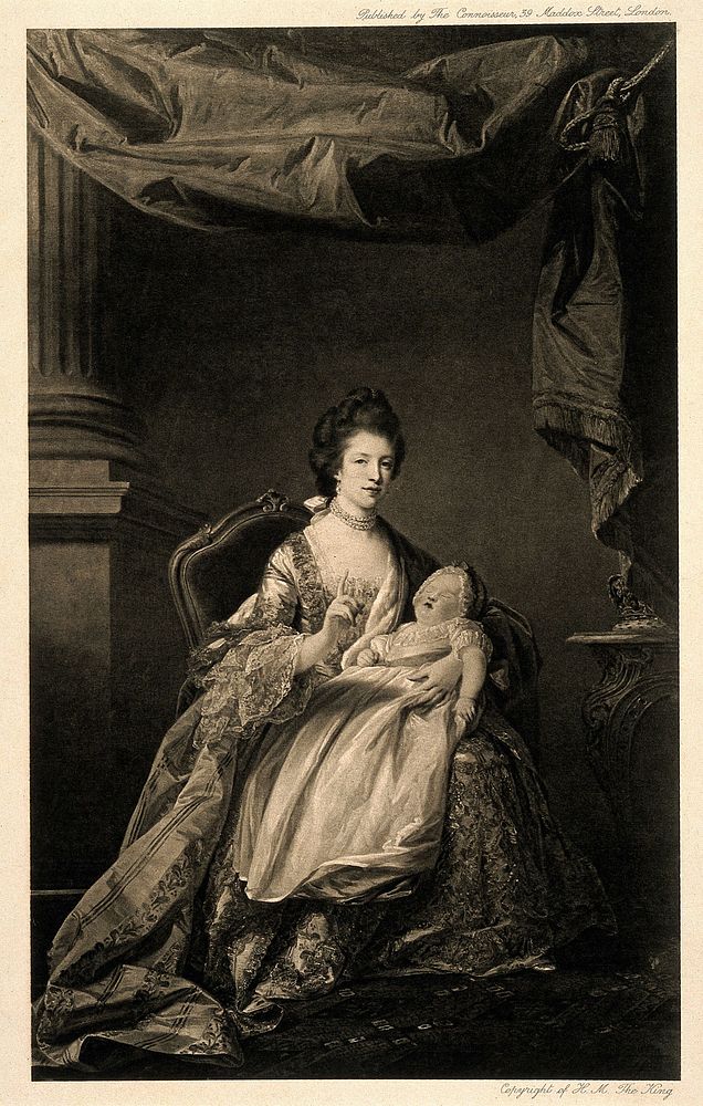 Queen Charlotte holding the baby Princess Charlotte. Process print after F. Cotes.