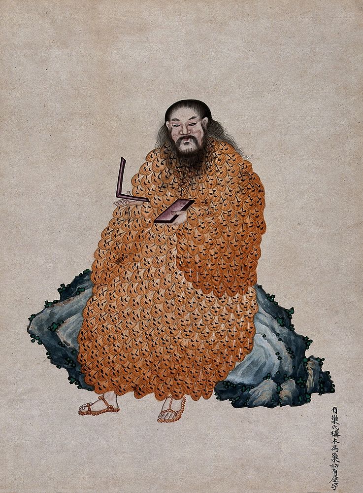 A Chinese deity dressed in a coat of bird's feathers and sitting on a rock. Painting by a Chinese artist.