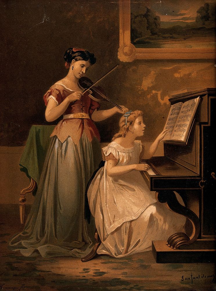A girl plays the piano as a young woman accompanies her on the violin. Chromolithograph by Thurwanger frères, 1878, after F.…