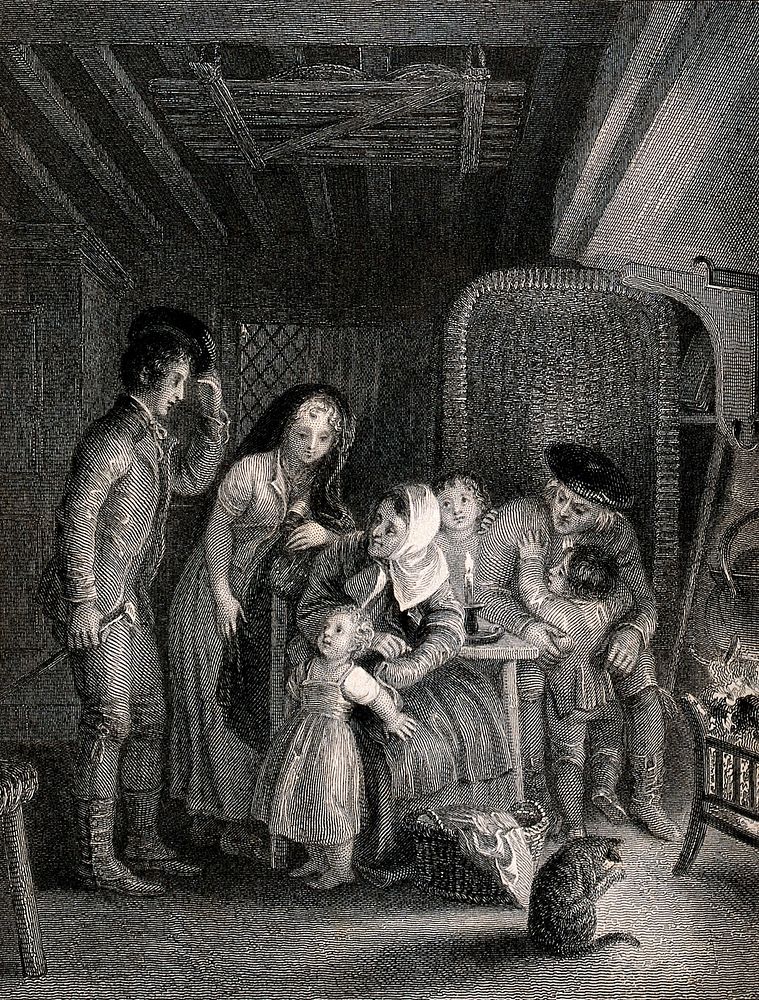 A young man courting a young woman is introduced to her family. Engraving by E. Smith after T. Stothard.