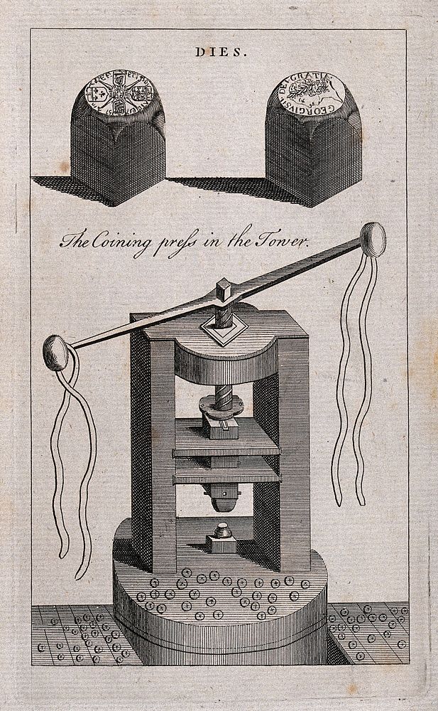 Coinage: a coin press with dies, for minting coins, used in the Royal Mint. Engraving, ca. 1740-1760.
