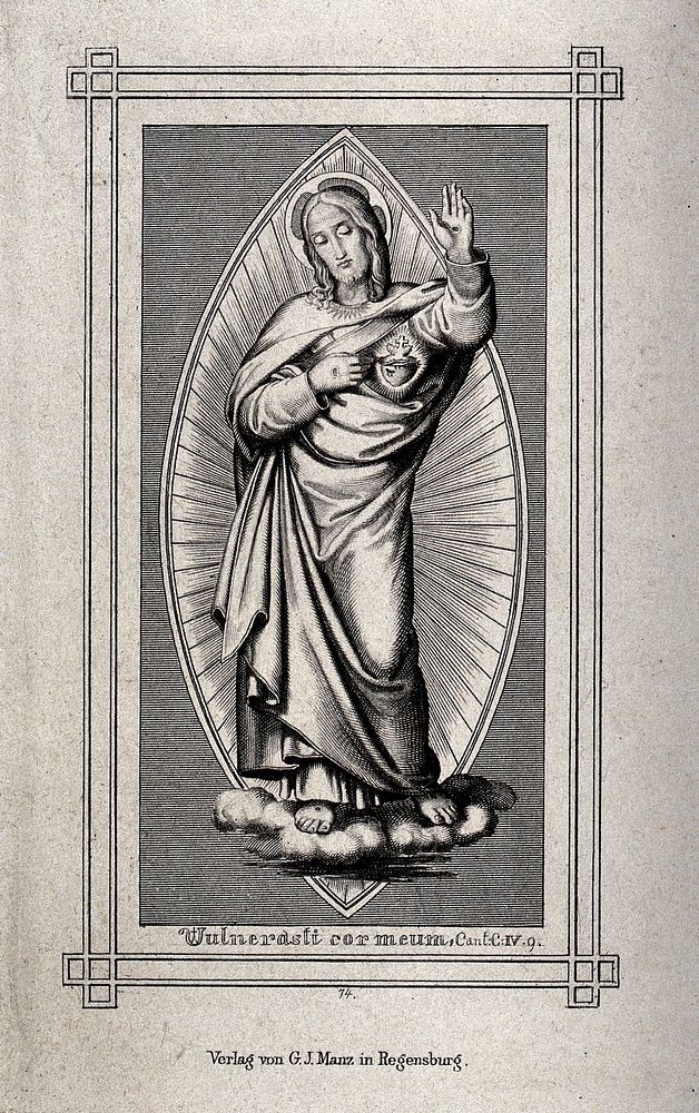 Christ before the image of his side wound, showing his Sacred Heart. Engraving.