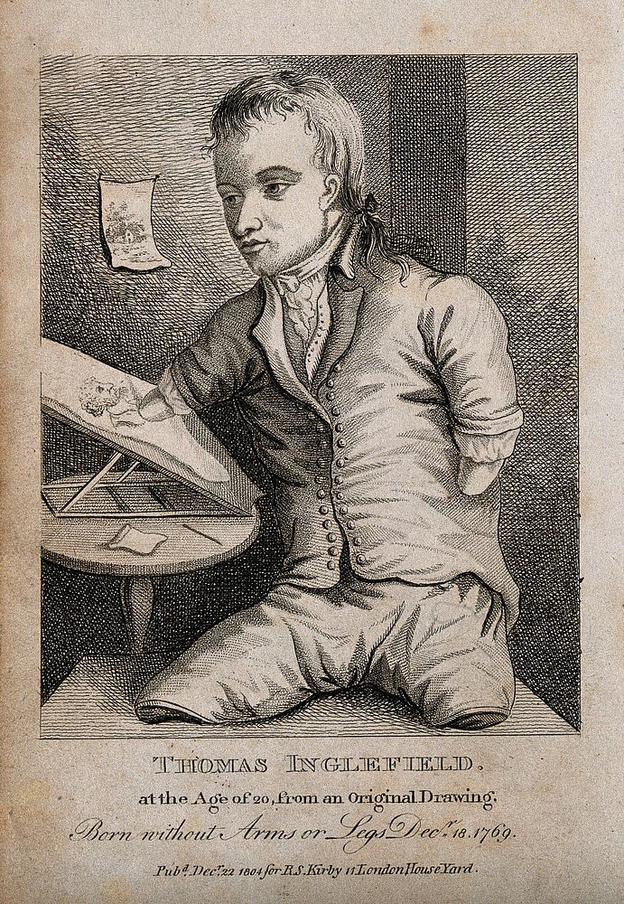 Thomas Inglefield, an artist born without limbs, aged twenty. Engraving, 1804.