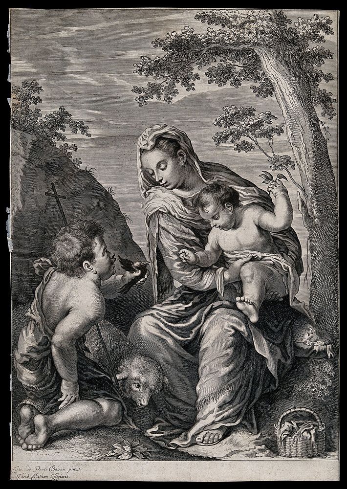 Saint Mary (the Blessed Virgin) with the Christ Child and Saint John the Baptist. Engraving by T. Matham after J. Bassano…
