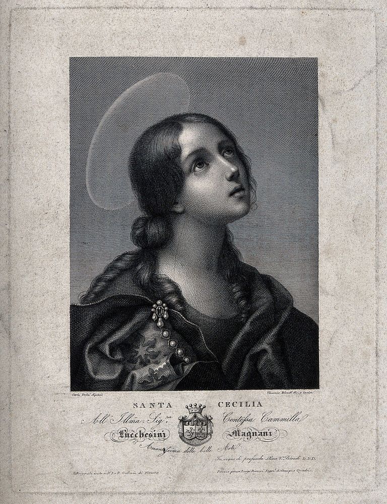 Saint Cecilia. Line engraving V. Biondi after C. Dolci.