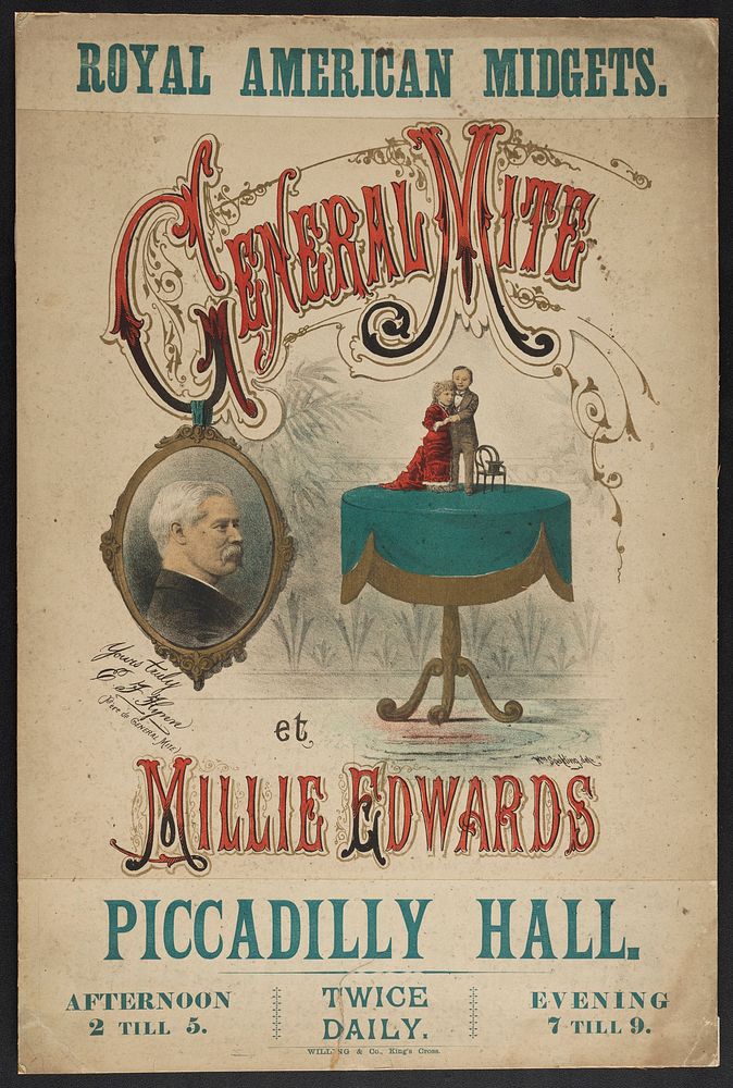 General Mite and Millie Edwards, two midgets on exhibition. Colour lithograph.