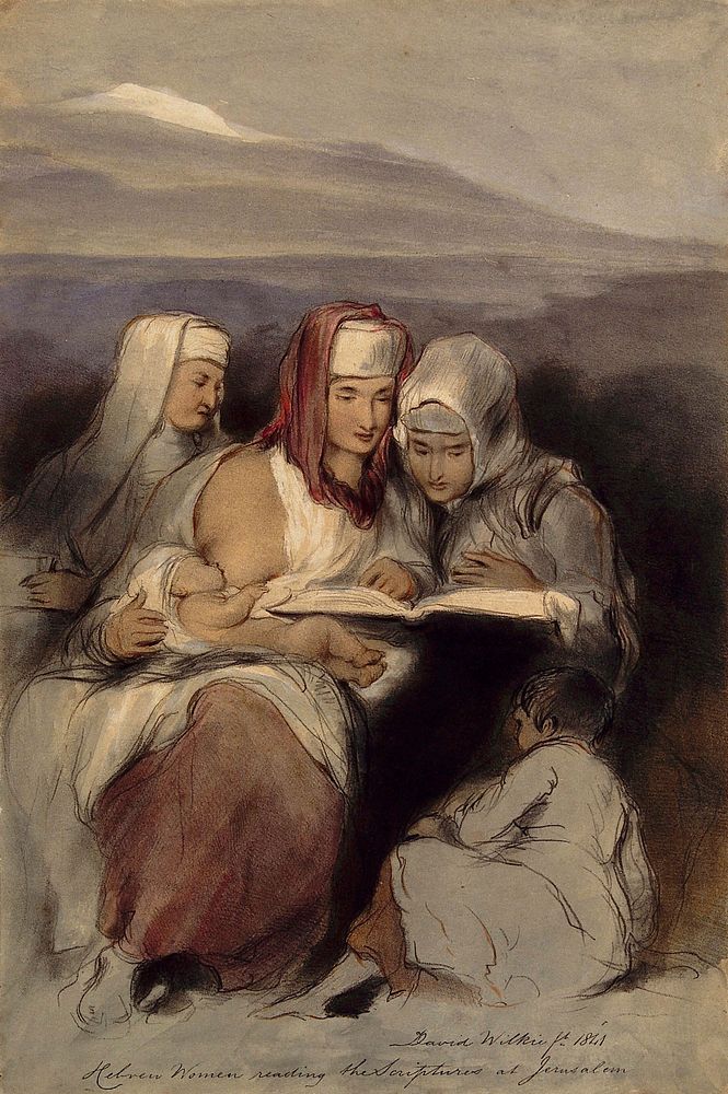 Three Jewish women, seated, reading the scriptures; one of them breastfeeding. Coloured lithograph by J. Nash, 1843, after…