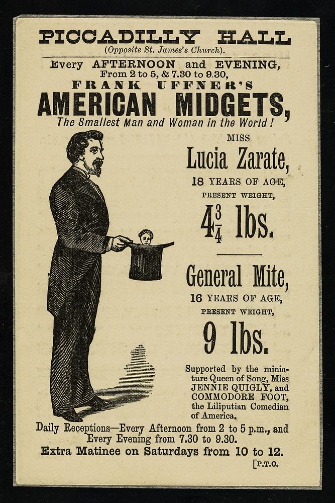 [Leaflet advertising appearances by Frank Uffner's American Midgets: Lucia Zarate and General Mite at the Piccadilly Hall…