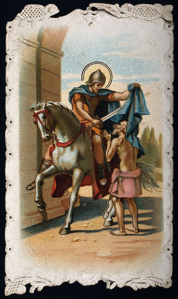 Saint Martin of Tours: he cuts his cloak to give part to a half-naked man. Colour lithograph.