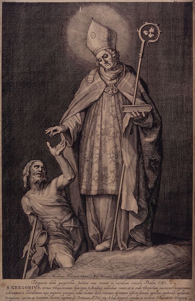 Saint Gregory of Utrecht wearing episcopal dress is giving money to a lame man. Engraving by F. Bloemaert after A.…