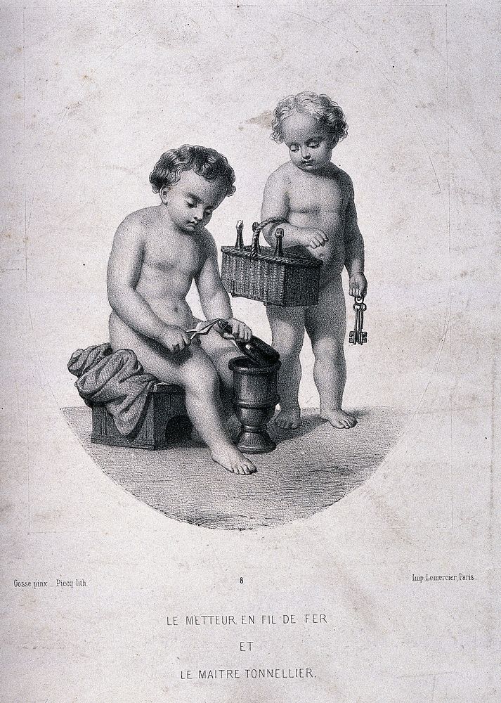 Two naked children tying up and storing champagne bottles. Lithograph by Piecq, c. 1845, after Gosse.