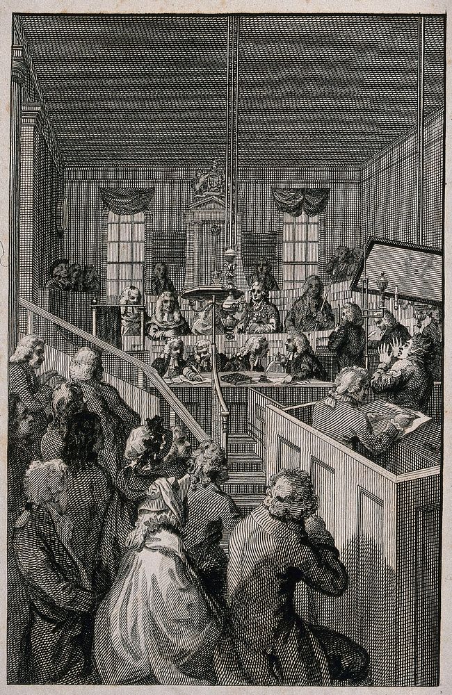 Court sitting trying prisoners in the Justice Hall of Old Bailey. Engraving with etching.