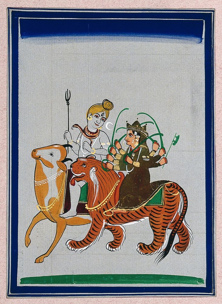 Lord Shiva on his vehicle, the bull Nandi, riding along with Durga on her vehicle, a tiger. Gouache painting by an Indian…