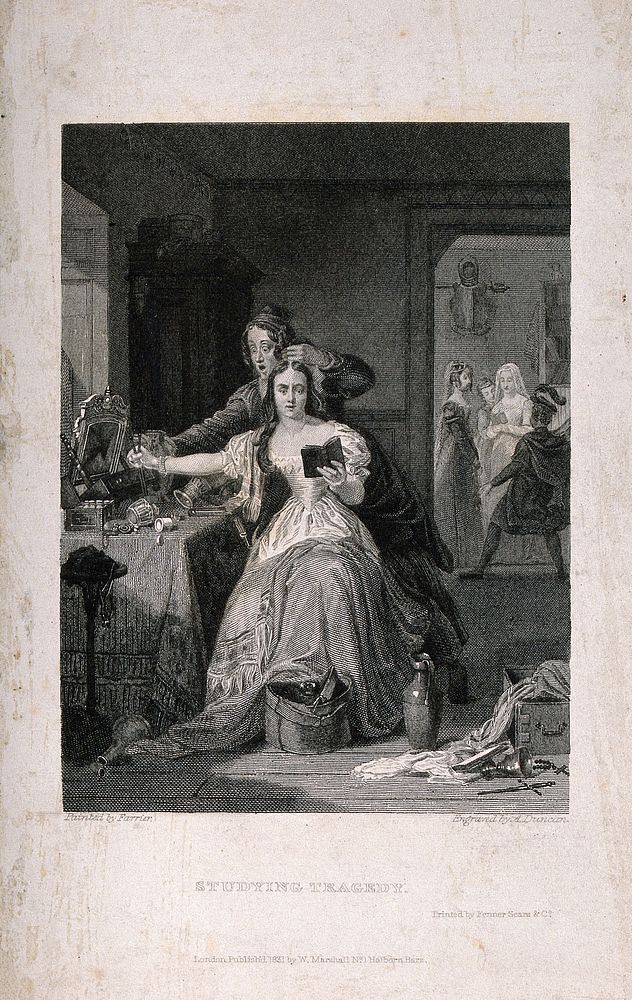 A woman studying a book of tragedy while having her hair dressed by a female assistant; in the background a group act out a…