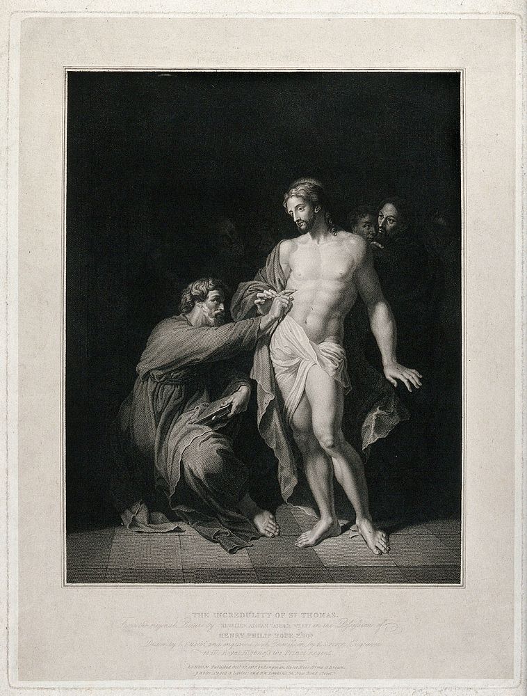 Saint Thomas, holding a book, touches Christ's lacerated side. Stipple engraving by E. Scriven after L. Eusebi after A. van…