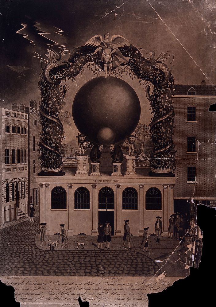 A large balloon representing the British national debt placed on top of the Stock Exchange in London. Aquatint by F. Jukes…
