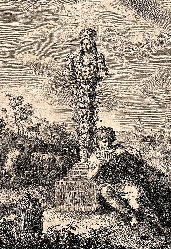 Diana of the Ephesians (Ephesian Artemis), with a shepherd boy playing pipes. Etching by P.A. Novelli.
