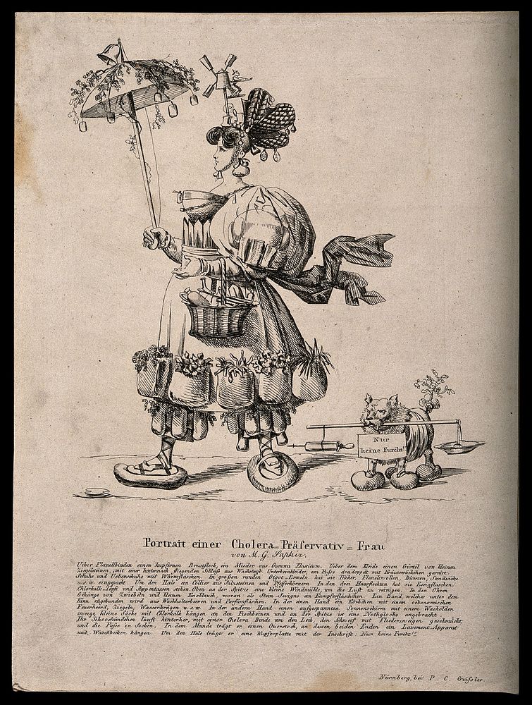 A woman extravagantly equipped to deal with the cholera epidemic of 1832; representing the abundance of dubious advice on…