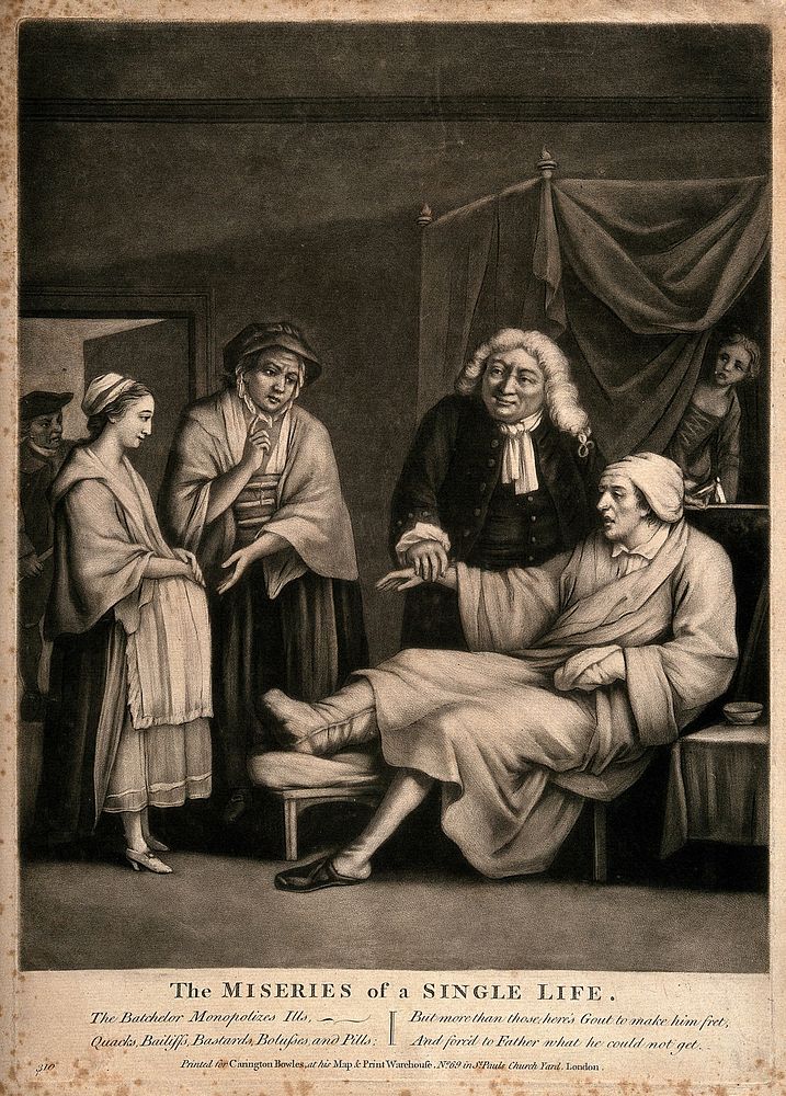 A doctor taking the pulse of a gouty bachelor surrounded by the consequences of his life style. Mezzotint, ca. 1770.